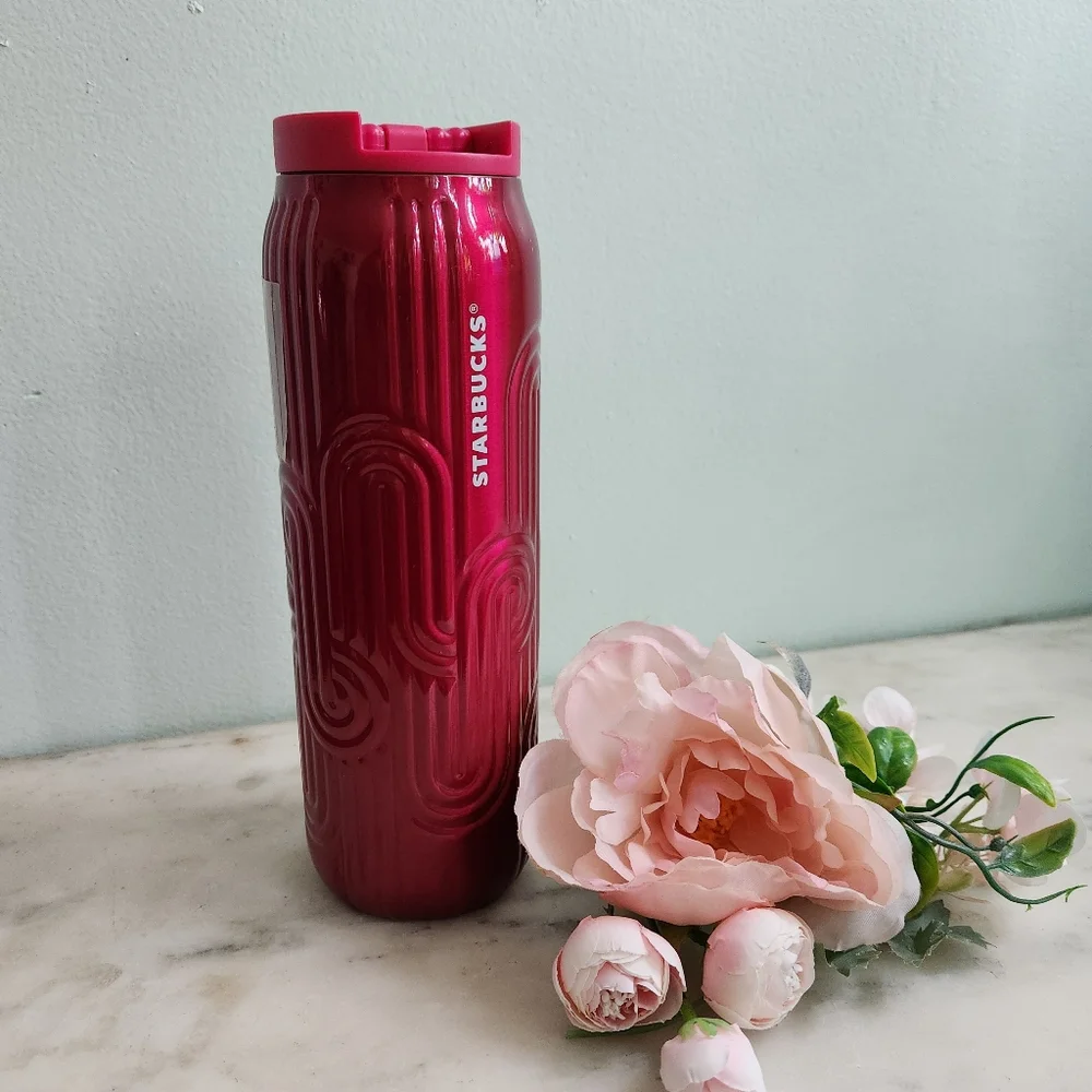 NWT Starbucks 2024 Holiday Metallic Magenta Pink Waved Texture SS Bottle Tumbler